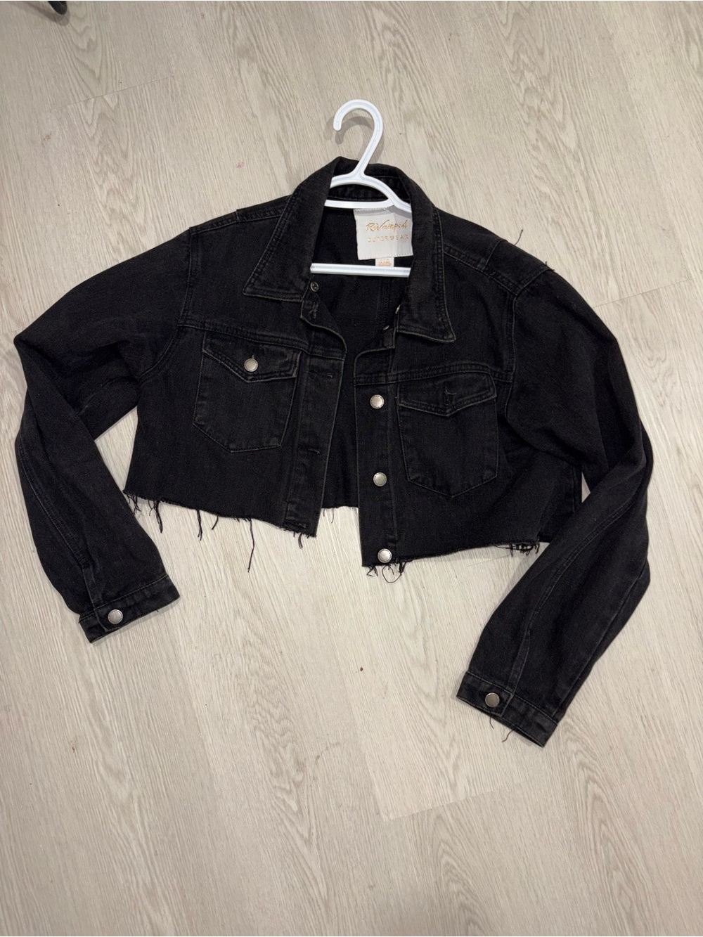 Revamped Black Cropped Raw-Hem Denim Jacket